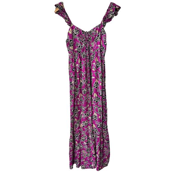 LOFT Dress Maxi BabyDoll Magenta Black Gold Floral Viscose Cottagecore Summer 8 - Picture 1 of 8